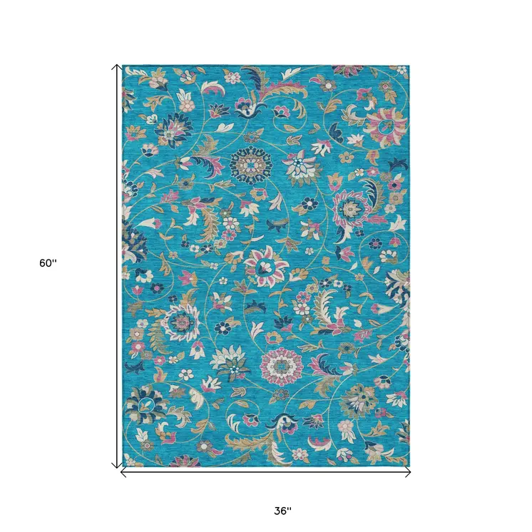 3' X 5' Teal Blue Ivory And Pink Floral Washable Indoor Outdoor Area Rug