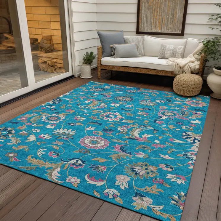3' X 5' Teal Blue Ivory And Pink Floral Washable Indoor Outdoor Area Rug