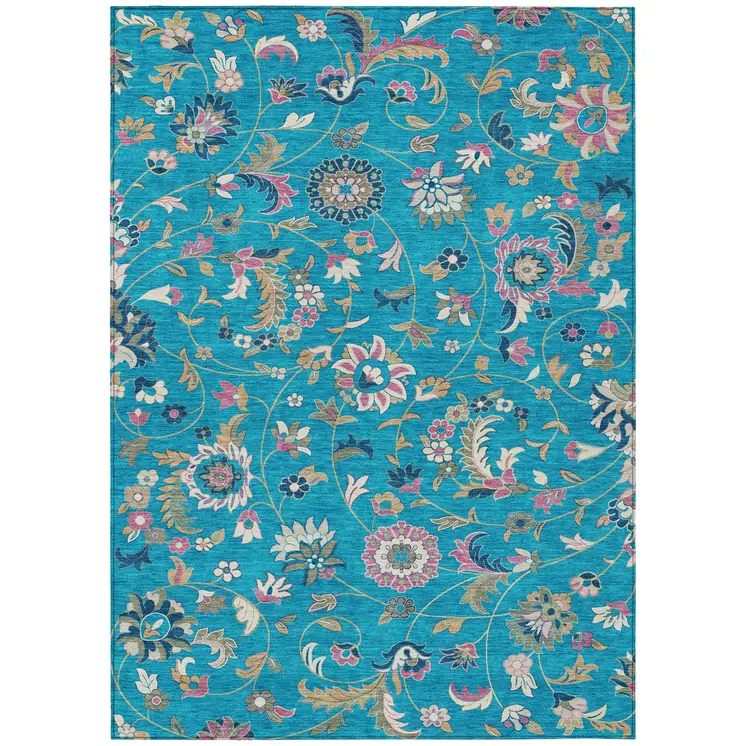 3' X 5' Teal Blue Ivory And Pink Floral Washable Indoor Outdoor Area Rug