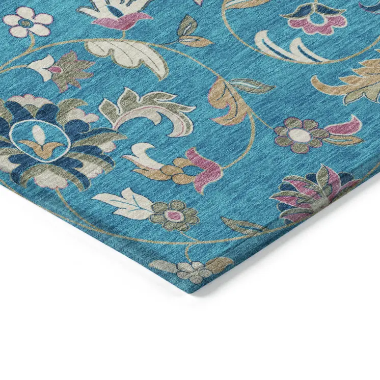 3' X 5' Teal Blue Ivory And Pink Floral Washable Indoor Outdoor Area Rug