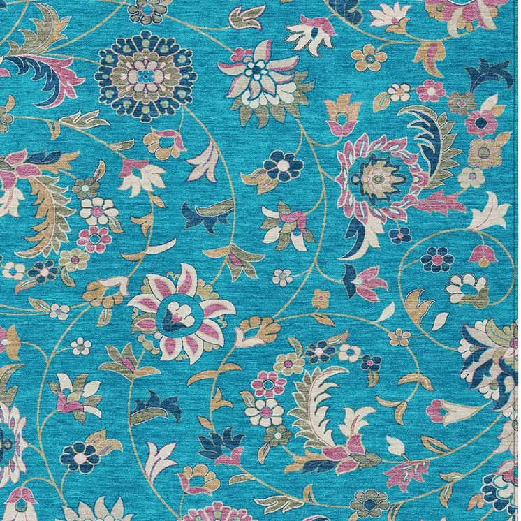 3' X 5' Teal Blue Ivory And Pink Floral Washable Indoor Outdoor Area Rug