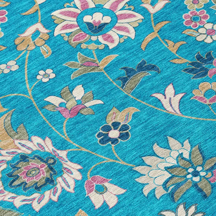 3' X 5' Teal Blue Ivory And Pink Floral Washable Indoor Outdoor Area Rug