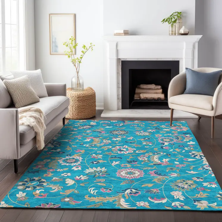 3' X 5' Teal Blue Ivory And Pink Floral Washable Indoor Outdoor Area Rug