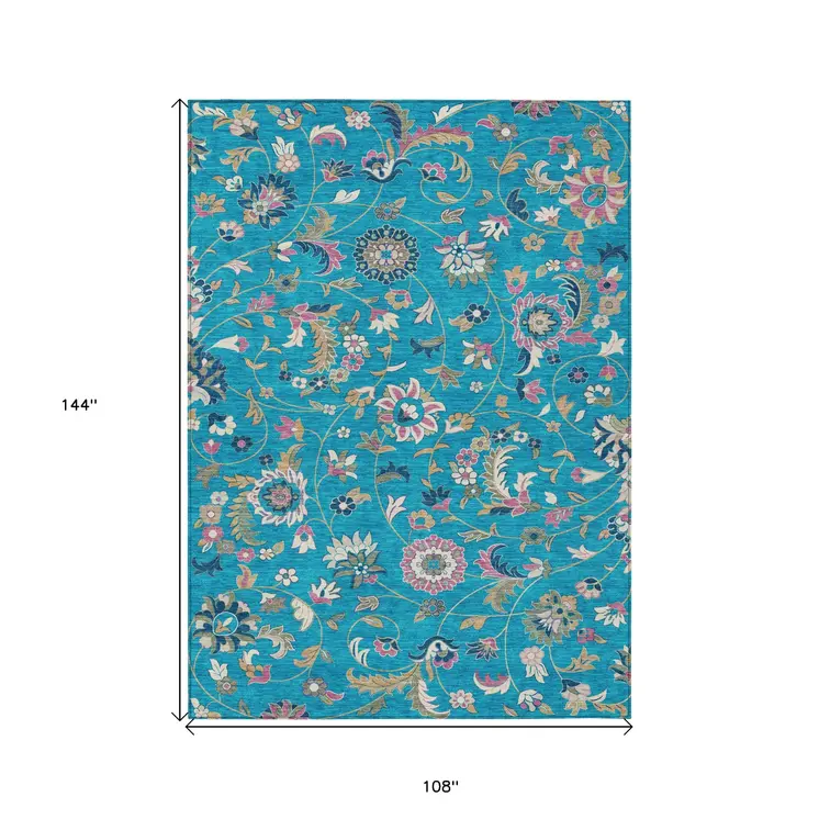9' X 12' Teal Blue Ivory And Pink Floral Washable Indoor Outdoor Area Rug
