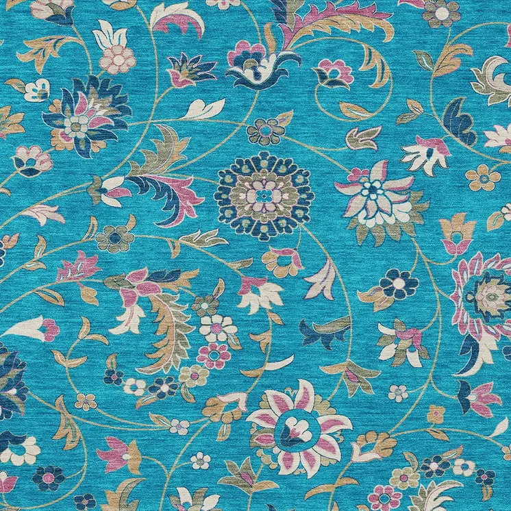 9' X 12' Teal Blue Ivory And Pink Floral Washable Indoor Outdoor Area Rug