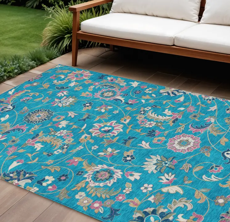 10' X 14' Teal Blue Ivory And Pink Floral Washable Indoor Outdoor Area Rug