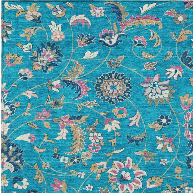 10' X 14' Teal Blue Ivory And Pink Floral Washable Indoor Outdoor Area Rug
