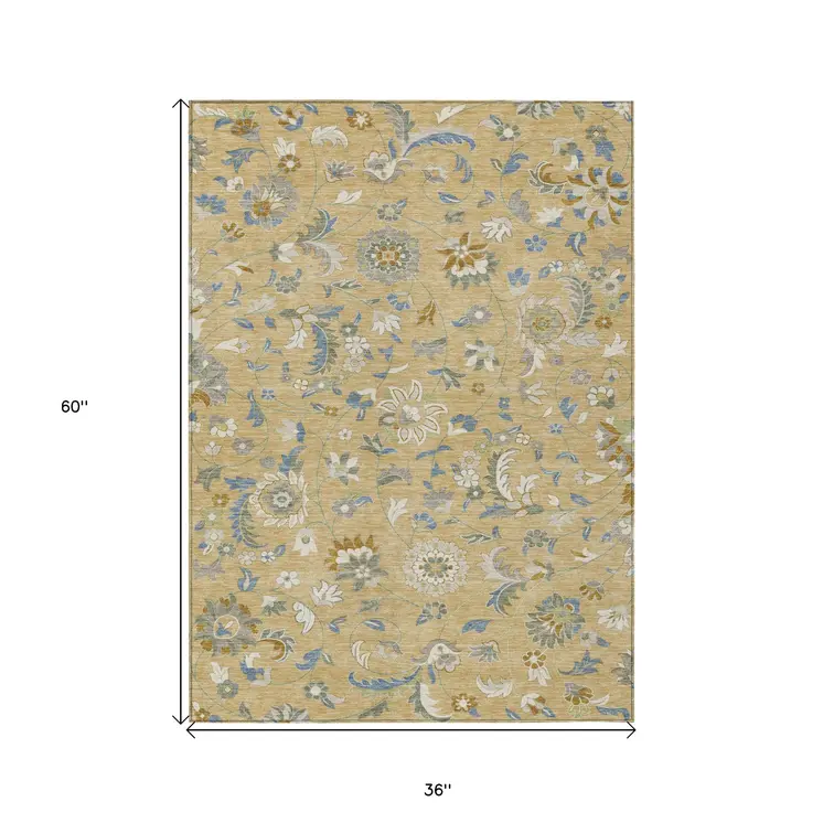 3' X 5' Wheat Blue And Ivory Floral Washable Indoor Outdoor Area Rug