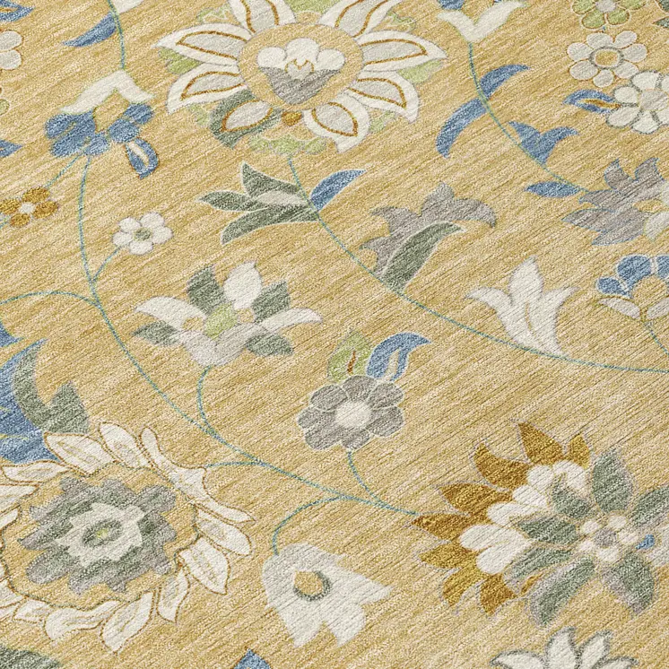 5' X 8' Wheat Blue And Ivory Floral Washable Indoor Outdoor Area Rug