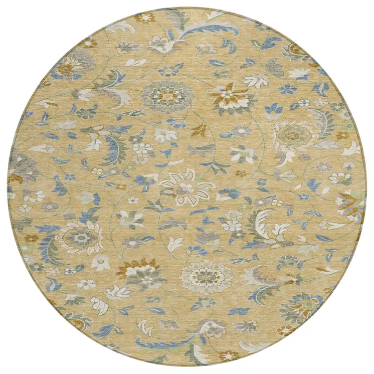 8' Wheat Blue And Ivory Round Floral Washable Indoor Outdoor Area Rug