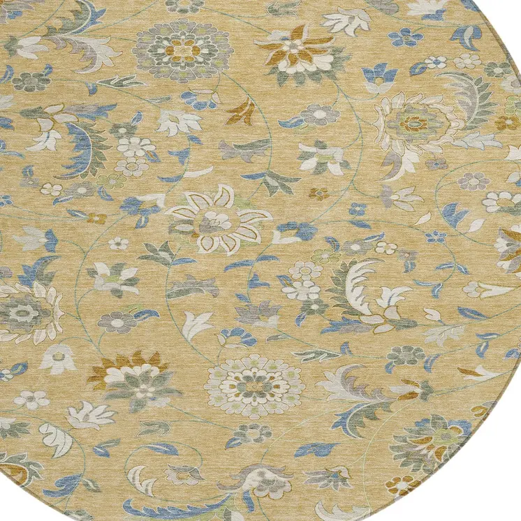 8' Wheat Blue And Ivory Round Floral Washable Indoor Outdoor Area Rug
