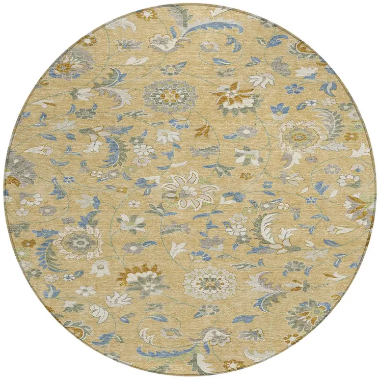 8' Wheat Blue And Ivory Round Floral Washable Indoor Outdoor Area Rug