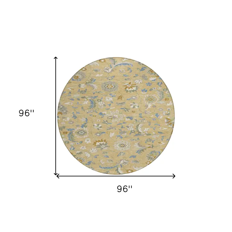 8' Wheat Blue And Ivory Round Floral Washable Indoor Outdoor Area Rug