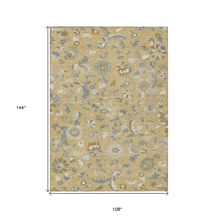 9' X 12' Wheat Blue And Ivory Floral Washable Indoor Outdoor Area Rug