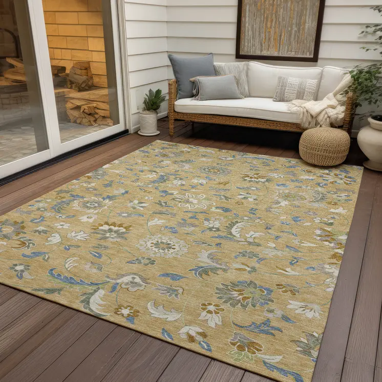 9' X 12' Wheat Blue And Ivory Floral Washable Indoor Outdoor Area Rug
