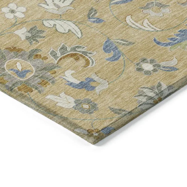 9' X 12' Wheat Blue And Ivory Floral Washable Indoor Outdoor Area Rug