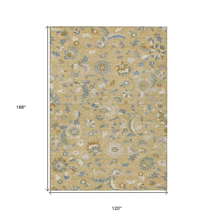 10' X 14' Wheat Blue And Ivory Floral Washable Indoor Outdoor Area Rug