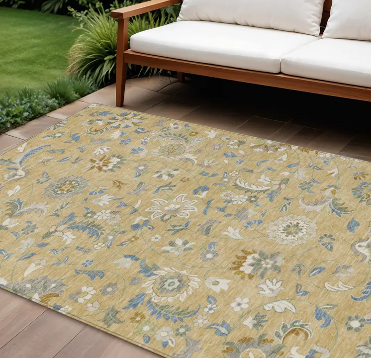 10' X 14' Wheat Blue And Ivory Floral Washable Indoor Outdoor Area Rug