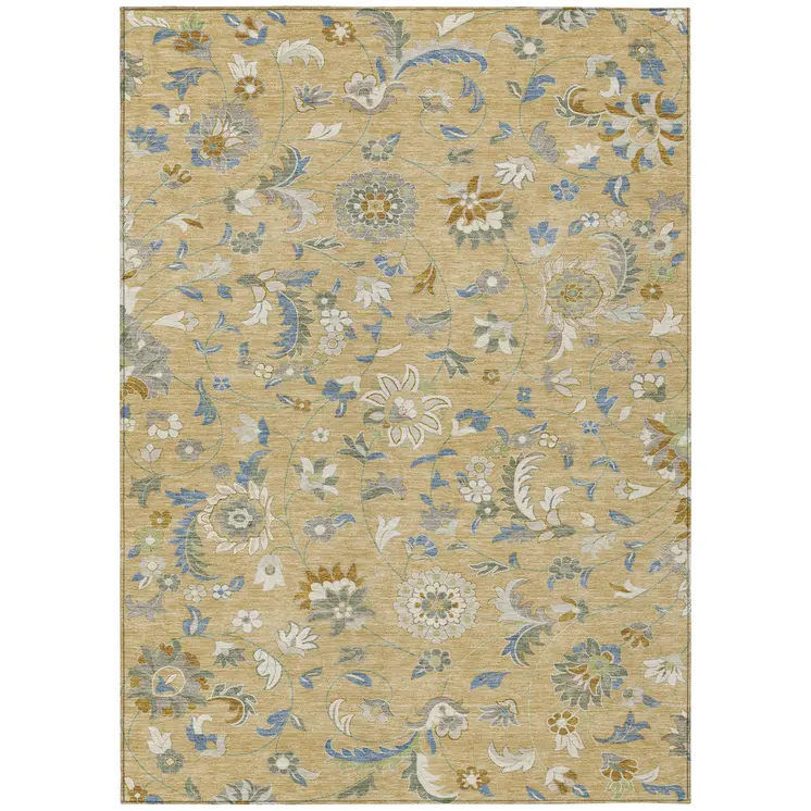 10' X 14' Wheat Blue And Ivory Floral Washable Indoor Outdoor Area Rug