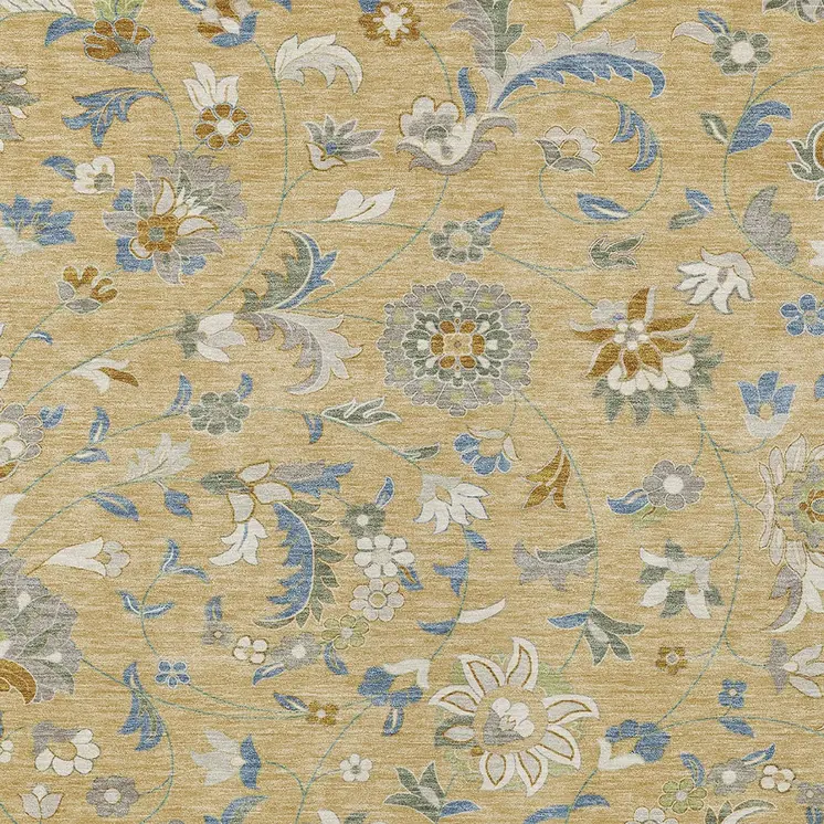 10' X 14' Wheat Blue And Ivory Floral Washable Indoor Outdoor Area Rug