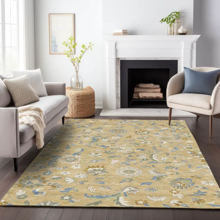 10' X 14' Wheat Blue And Ivory Floral Washable Indoor Outdoor Area Rug