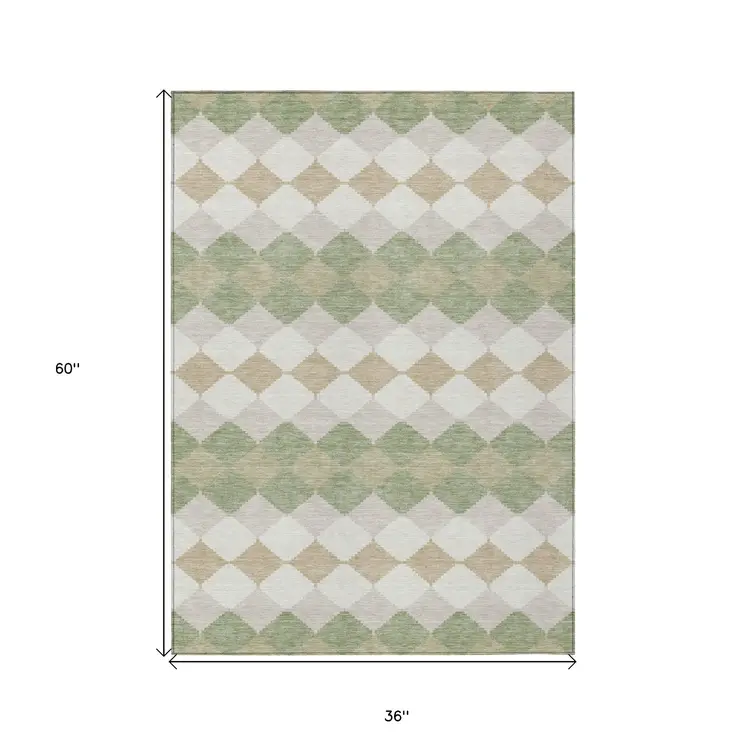 3' X 5' Artichoke Green Ivory And Beige Geometric Washable Indoor Outdoor Area Rug