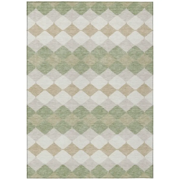 3' X 5' Artichoke Green Ivory And Beige Geometric Washable Indoor Outdoor Area Rug