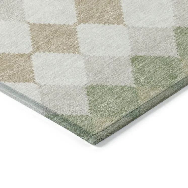 3' X 5' Artichoke Green Ivory And Beige Geometric Washable Indoor Outdoor Area Rug