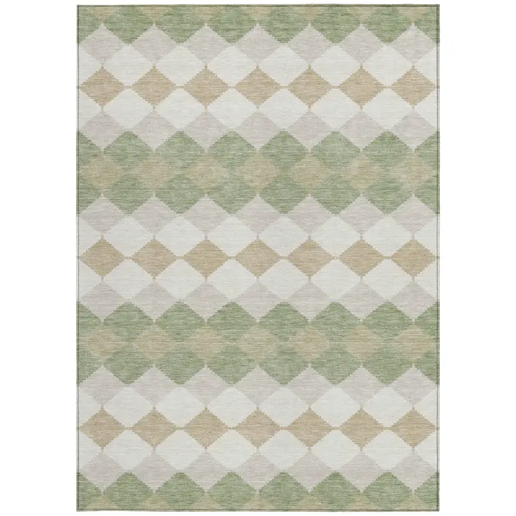 3' X 5' Artichoke Green Ivory And Beige Geometric Washable Indoor Outdoor Area Rug