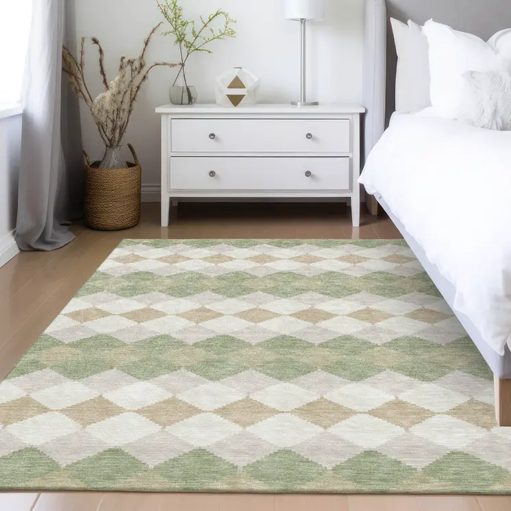 3' X 5' Artichoke Green Ivory And Beige Geometric Washable Indoor Outdoor Area Rug