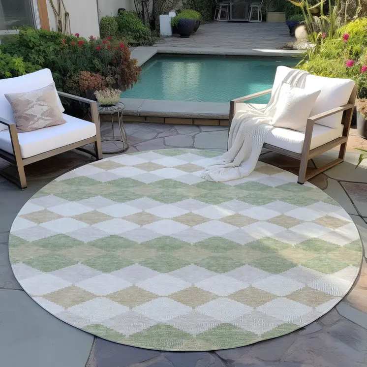 8' Artichoke Green Ivory And Beige Round Geometric Washable Indoor Outdoor Area Rug