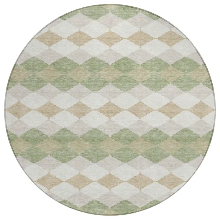 8' Artichoke Green Ivory And Beige Round Geometric Washable Indoor Outdoor Area Rug