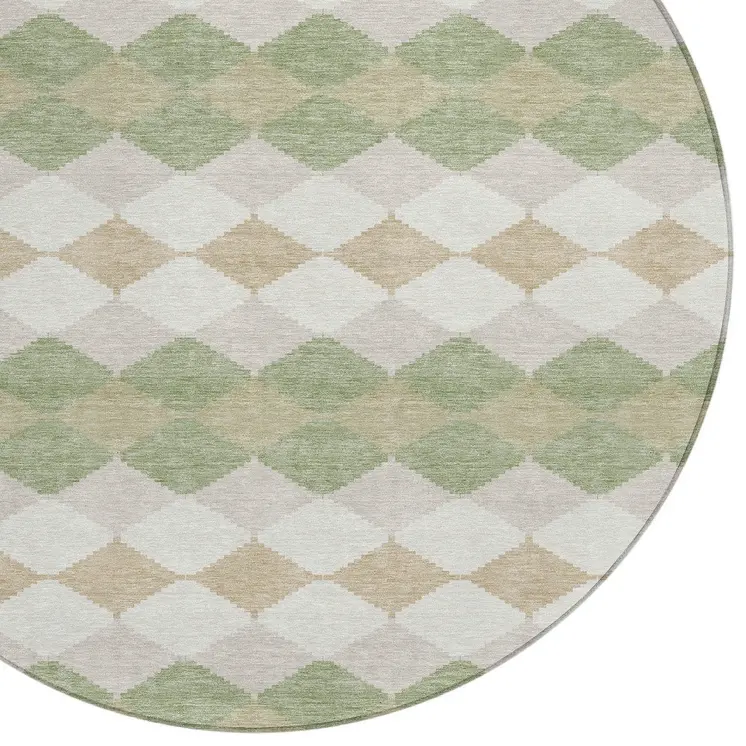 8' Artichoke Green Ivory And Beige Round Geometric Washable Indoor Outdoor Area Rug