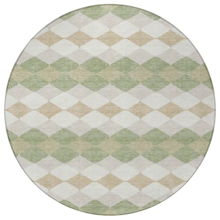 8' Artichoke Green Ivory And Beige Round Geometric Washable Indoor Outdoor Area Rug