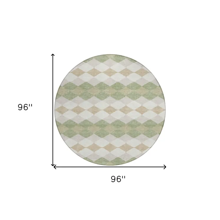 8' Artichoke Green Ivory And Beige Round Geometric Washable Indoor Outdoor Area Rug