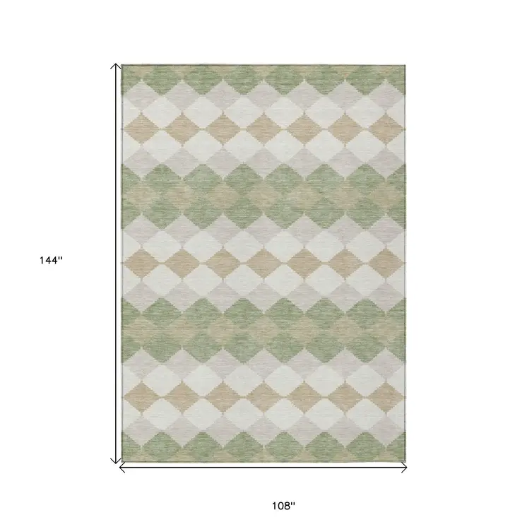 9' X 12' Artichoke Green Ivory And Beige Geometric Washable Indoor Outdoor Area Rug