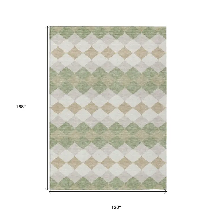 10' X 14' Artichoke Green Ivory And Beige Geometric Washable Indoor Outdoor Area Rug