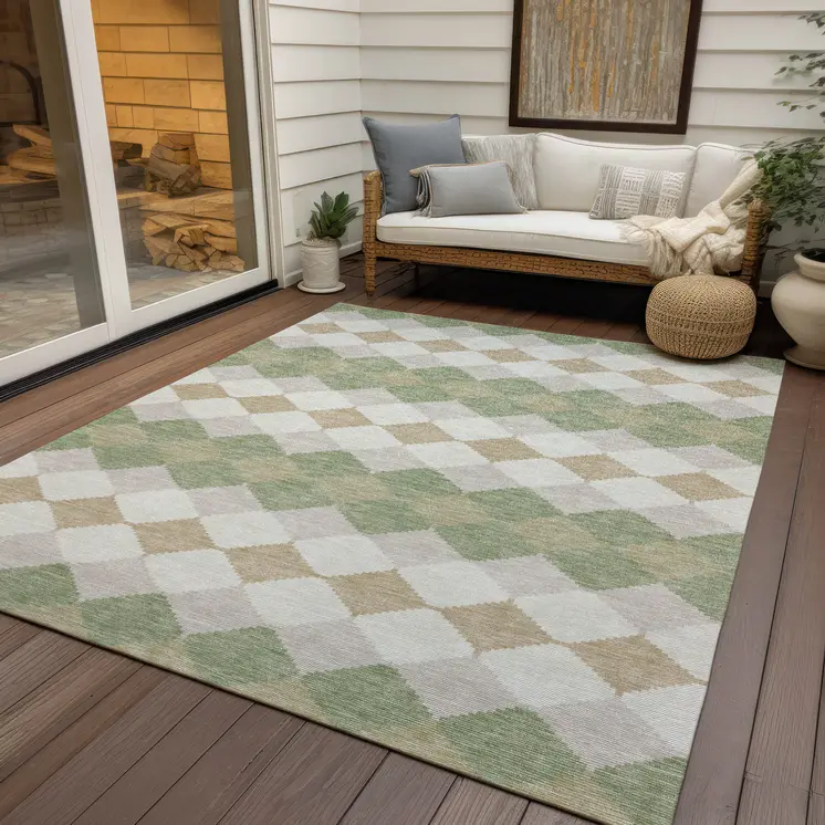 10' X 14' Artichoke Green Ivory And Beige Geometric Washable Indoor Outdoor Area Rug