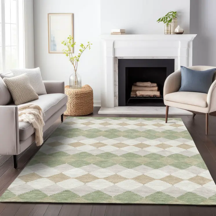 10' X 14' Artichoke Green Ivory And Beige Geometric Washable Indoor Outdoor Area Rug