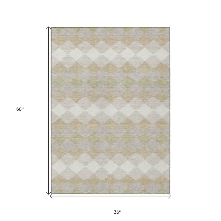 3' X 5' Beige Ivory And Gray Geometric Washable Indoor Outdoor Area Rug