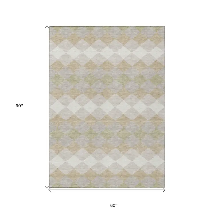 5' X 8' Beige Ivory And Gray Geometric Washable Indoor Outdoor Area Rug