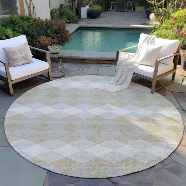 8' Beige Ivory And Gray Round Geometric Washable Indoor Outdoor Area Rug