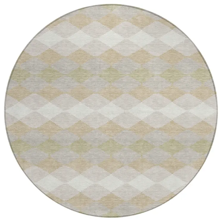 8' Beige Ivory And Gray Round Geometric Washable Indoor Outdoor Area Rug