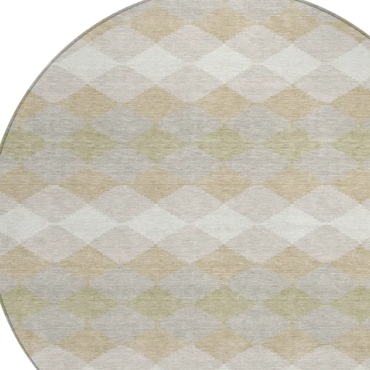 8' Beige Ivory And Gray Round Geometric Washable Indoor Outdoor Area Rug