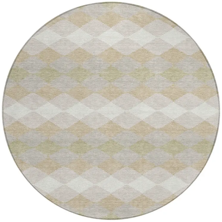 8' Beige Ivory And Gray Round Geometric Washable Indoor Outdoor Area Rug