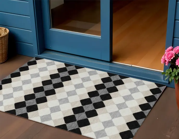 3' X 5' Black Ivory And Beige Geometric Washable Indoor Outdoor Area Rug