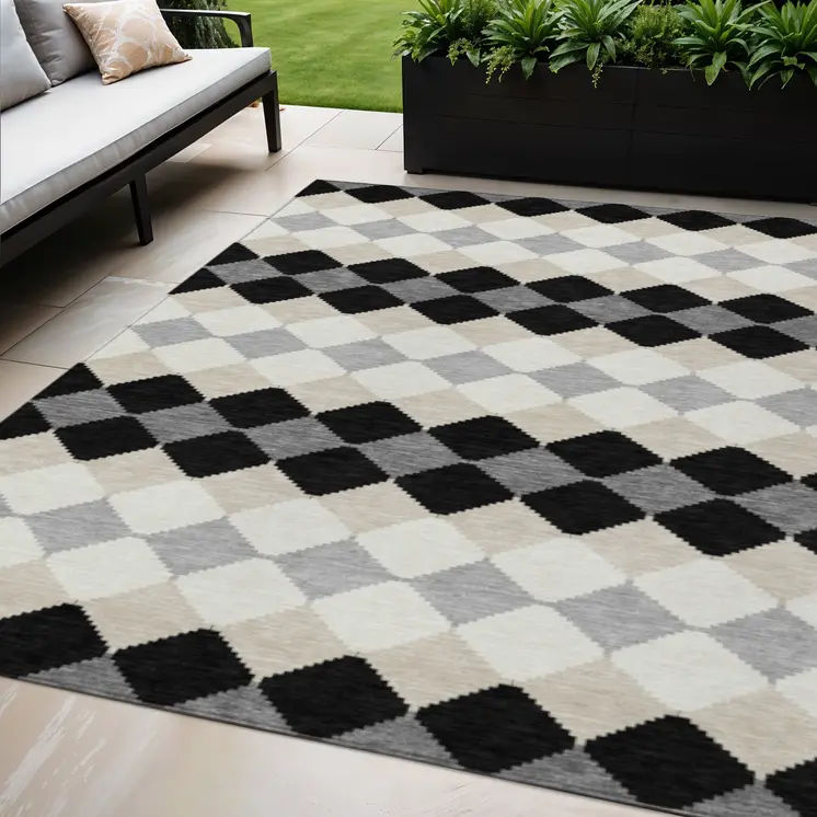 5' X 8' Black Ivory And Beige Geometric Washable Indoor Outdoor Area Rug
