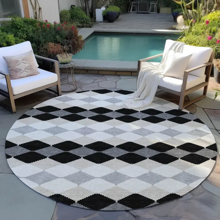 8' Black Ivory And Beige Round Geometric Washable Indoor Outdoor Area Rug