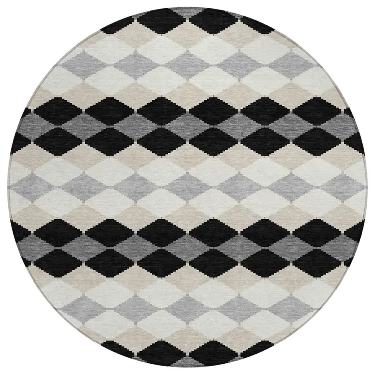 8' Black Ivory And Beige Round Geometric Washable Indoor Outdoor Area Rug