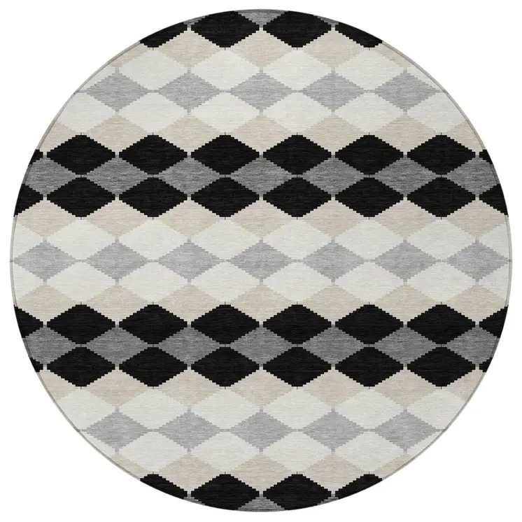 8' Black Ivory And Beige Round Geometric Washable Indoor Outdoor Area Rug